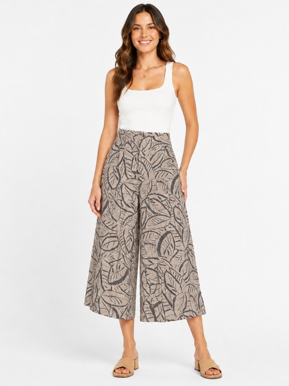 O'Neill Taupe Leaf-Print Cropped Wide-Leg Pants